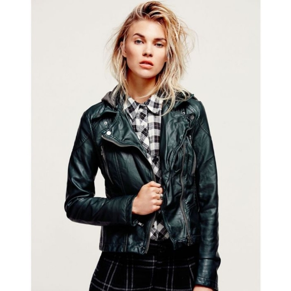 Free People Hooded Vegan Faux Leather Moto Jacket NWT Size Large 12 - Picture 7 of 16